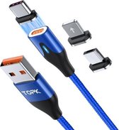 TOPK AM63 1 m USB naar 8-pins + USB-C / Type-C + Micro USB 3 in 1 platte magnetische metalen connector Nylon gevlochten magnetische snellaadgegevenskabel (blauw)