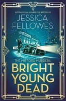 Boekcover van 'Bright Young Dead' door Jessica Fellowes. Een art-deco-frame omkadert een nachtelijke scène met een vrouw in winterkleding en een auto.