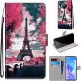 Voor Huawei Enjoy 20 Plus Gekleurde Tekening Cross Textuur Horizontale Flip PU Lederen Case met Houder & Kaartsleuven & Portemonnee & Lanyard (Pink Flower Tower Bridge)