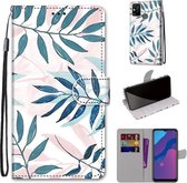 Voor Huawei Honor 9A Gekleurde Tekening Cross Textuur Horizontale Flip PU Lederen Case met Houder & Kaartsleuven & Portemonnee & Lanyard (Roze Groen Blad)