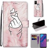 Voor Huawei Honor 9A Gekleurde Tekening Cross Textuur Horizontale Flip PU Lederen Case met Houder & Kaartsleuven & Portemonnee & Lanyard (Roze Handen Hart)