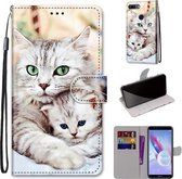 Voor Huawei Honor 9 Lite Gekleurde Tekening Cross Textuur Horizontale Flip PU Lederen Case met Houder & Kaartsleuven & Portemonnee & Lanyard (Big Cat Holding Kitten)