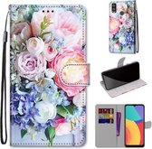 Voor Alcatel 1L (2021) Gekleurde Tekening Cross Textuur Horizontale Flip PU Leren Case met Houder & Kaartsleuven & Portemonnee & Lanyard (Lichtroze Boeket)