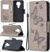 Voor Nokia 3.4 Two Butterflies Embossing Pattern Horizontale Flip Leather Case met houder & kaartsleuf & portemonnee & lanyard (grijs)