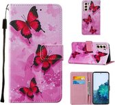 Voor Samsung Galaxy S21 5G Cross Texture Painting Pattern Horizontale Flip Leather Case met Houder & Kaartsleuven & Portemonnee & Lanyard (Roze Vlinders)