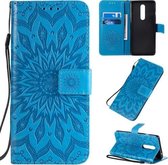 Voor OnePlus 8 Geperst afdrukken Zonnebloempatroon Horizontaal Flip PU-leren hoesje met houder & kaartsleuven & portemonnee & lanyard (blauw)