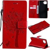 Voor OPPO F17 Pro / Reno4 Lite Tree & Cat Pattern Pressed Printing Horizontale flip PU lederen tas met houder & kaartsleuven & portemonnee & lanyard (rood)