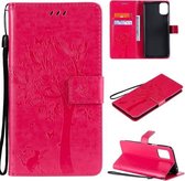 Voor LG K42 Tree & Cat Pattern Pressed Printing Horizontale Flip PU Leather Case met houder & kaartsleuven & portemonnee & Lanyard (Rose Red)