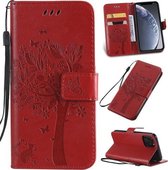 Tree & Cat Pattern Pressed Printing Horizontale Flip PU lederen tas met houder & kaartsleuven & portemonnee & lanyard voor iPhone 11 Pro (rood)