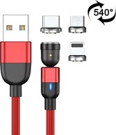 1m 3A-uitgang 3-in-1 USB naar 8-pins + USB-C / Type-C + micro-USB 540 graden roterende magnetische gegevenssynchronisatie-oplaadkabel (rood)