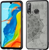 Voor Huawei P30 Lite & Nova 4E Reliëf Mandala-patroon PC + TPU + stoffen telefoonhoes met draagkoord & magnetisch (grijs)