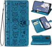 Voor OPPO A52 / A72 / A92 schattige kat en hond reliëf horizontale flip lederen tas met beugel / kaartsleuf / portemonnee / lanyard (blauw)