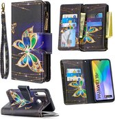 Voor Huawei Y6p Gekleurde Tekening Patroon Rits Horizontale Flip Lederen Case met Houder & Kaartsleuven & Portemonnee (Grote Vlinder)