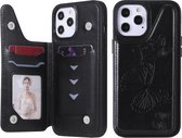 Vlinder reliëfpatroon schokbestendig beschermhoes met houder & kaartsleuven en fotolijst voor iPhone 12 Pro Max (zwart)