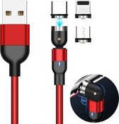 1m 2A Uitgang 3 in 1 USB naar 8 Pin + USB-C / Type-C + Micro USB Nylon Gevlochten Draaibare Magnetische Oplaadkabel (Rood)
