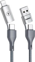 REMAX RC-011 1,2 m 2,4 A 4-in-1 USB naar USB-C / Type-Cx2 + 8-pins snellaadgegevenskabel (zilver)