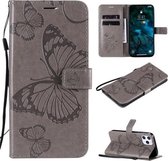 Voor iPhone 12 Pro Max 3D vlinder reliëf patroon horizontale flip lederen tas met houder & kaartsleuf & portemonnee & lanyard (grijs)