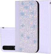 Krokodiltextuur Glitterpoeder Horizontale leren flip-hoes voor Galaxy A7 (2018), met kaartsleuven en houder (wit)