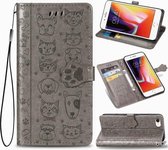 Voor iPhone SE 2020 schattige kat en hond reliëf horizontale flip lederen tas met beugel / kaartsleuf / portemonnee / lanyard (grijs)
