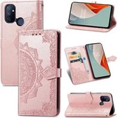 Voor OnePlus Nord N100 Mandala bloem reliëf horizontaal flip lederen hoesje met houder & drie kaartsleuven & portemonnee & lanyard (roségoud)