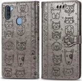 Voor Galaxy M11 Lovely Cat and Dog Embossing Pattern Horizontale Flip Leather Case, met houder & kaartsleuven & portemonnee & Cartoon sluiting & Lanyard (grijs)