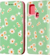 Voor Samsung Galaxy A21s Glittering Daisy magnetische horizontale flip lederen tas met houder & kaartsleuven en fotolijst (groen)