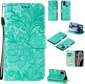 Voor Samsung Galaxy A21s Lace Flower Embossing Pattern Horizontale Flip lederen tas, met houder & kaartsleuven & portemonnee & fotolijst & lanyard (groen)