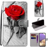 Voor Samsung Galaxy A32 5G Gekleurde Tekening Cross Textuur Horizontale Flip PU Lederen Case met Houder & Kaartsleuven & Portemonnee & Lanyard (Hout Rode Roos)