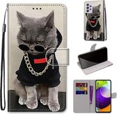 Voor Samsung Galaxy A52 5G Gekleurde Tekening Cross Textuur Horizontale Flip PU Lederen Case met Houder & Kaartsleuven & Portemonnee & Lanyard (Gouden Ketting Grijze Kat)