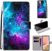 Voor Samsung Galaxy A72 5G Gekleurde Tekening Cross Textuur Horizontale Flip PU Lederen Case met Houder & Kaartsleuven & Portemonnee & Lanyard (Paars Groene Sterrenhemel)