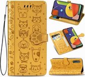 Voor Galaxy A50 / A30S / A50S Leuke Kat en Hond Reliëf Horizontale Flip Leren Case met Beugel / Kaartsleuf / Portemonnee / Lanyard (Geel)