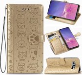 Voor Galaxy S10E schattige kat en hond reliëf horizontale flip lederen tas met beugel / kaartsleuf / portemonnee / lanyard (goud)