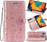 Voor Galaxy A30 schattige kat en hond reliëf horizontale flip lederen tas met beugel / kaartsleuf / portemonnee / lanyard (rose goud)