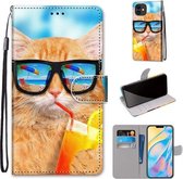 Gekleurde tekening Cross Texture Horizontale Flip PU lederen tas met houder & kaartsleuven & portemonnee & lanyard voor iPhone 12/12 Pro (Cat Drinking Soda)