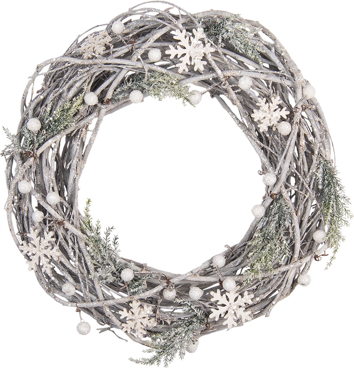 Clayre & Eef Decoratie Krans Ø 36*9 cm Wit Hout, Kunststof Rond Vlaskrans Deurkrans