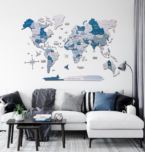 Wereldkaart en bois 3D - Aqua - XL (200 x 120 cm)