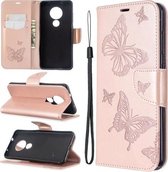 Voor Nokia 6.2 / 7.2 Embossing Two Butterflies Pattern Horizontale Flip PU Leather Case met houder & kaartsleuf & portemonnee & lanyard (goud)