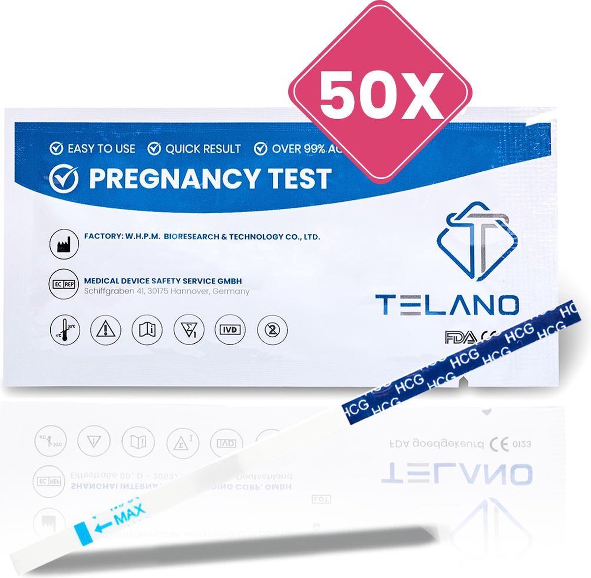 TELANO Zwangerschapstest Extra Vroeg Dipstick 50 stuks - Strip Extra Gevoelig