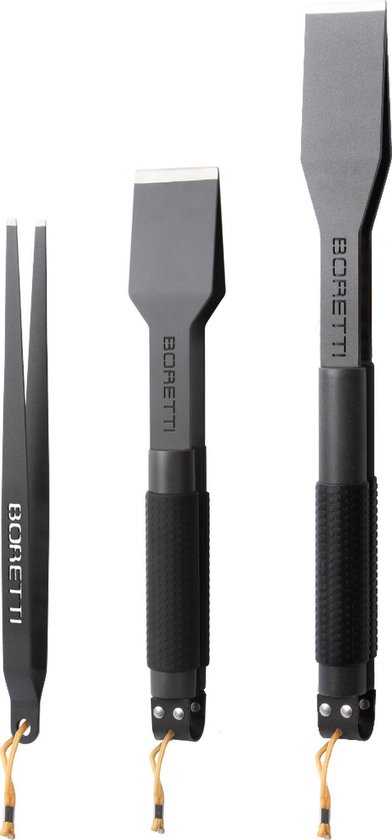 Set van drie zwarte Boretti barbecuetools: tang, grote tang en pincet.