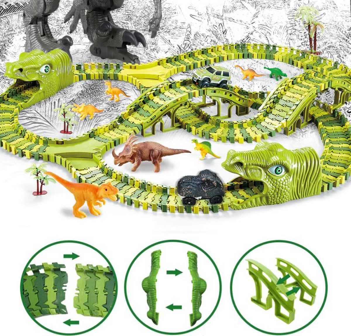 Dinosaurus racebaan set - Dinosaur Track car set 51 stuks - inclusief dino met auto en