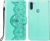 Voor Samsung Galaxy A11 / M11 Flower Vine Embossing Pattern Horizontale Flip Leather Case met Card Slot & Holder & Wallet & Lanyard (Green)