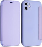 Imiteer vloeibare siliconen horizontale flip lederen hoes met kaartsleuven voor iPhone 11 Pro Max (lichtpaars)