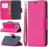 Voor iPhone 12 Pro / 12 Max Litchi Texture Pure Color Horizontale Flip lederen hoes met houder & kaartsleuven & portemonnee & lanyard (Rose Red)