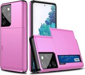 Voor Samsung Galaxy S21 Ultra 5G schokbestendig pantser beschermhoes met kaartsleuf (roze)
