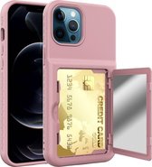 Schokbestendige pc + TPU-beschermhoes met kaartsleuven en spiegel voor iPhone 12 Pro Max (roze)