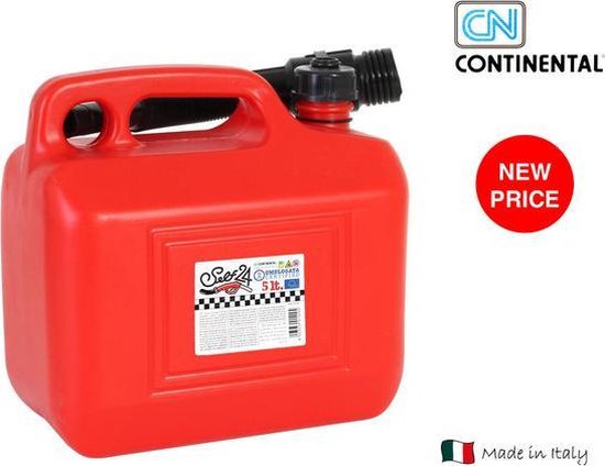 Rode 5-liter jerrycan van Continental. Met 'NEW PRICE' sticker en 'Made in Italy'.