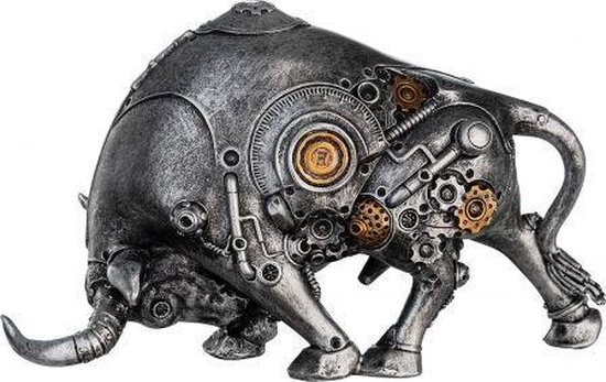 Steampunk stier bull - beeld 14 cm hoog kleur grijs