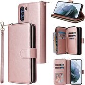 Voor Samsung Galaxy S21 FE Rits Portemonnee Tas Horizontale Flip PU Lederen Case met Houder & 9 Kaartsleuven & Portemonnee & Lanyard & Fotolijst (Rose Goud)