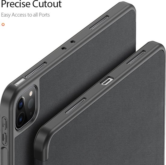 Gedetailleerd zicht op de zijkanten van de zwarte iPad hoes, met precieze uitsparingen voor poorten.