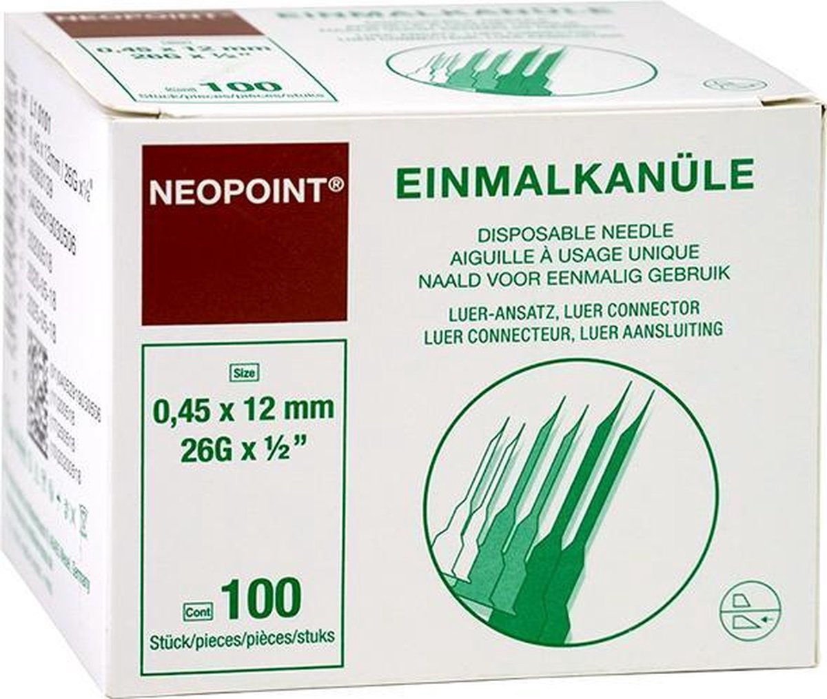 Goedkoopste Neopoint Disposable canules speciale maten 12 x 0,45 mm Insuline (kort) bruin